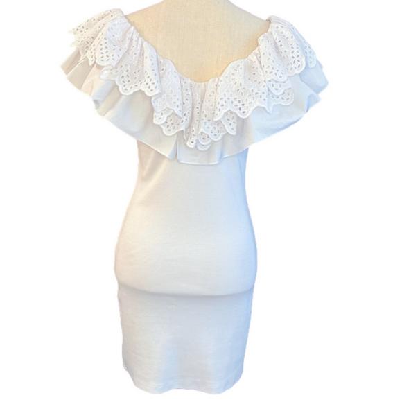 EUC Zara White Eyelet Ruffle Neck Mini Dress Size L - Picture 4 of 6